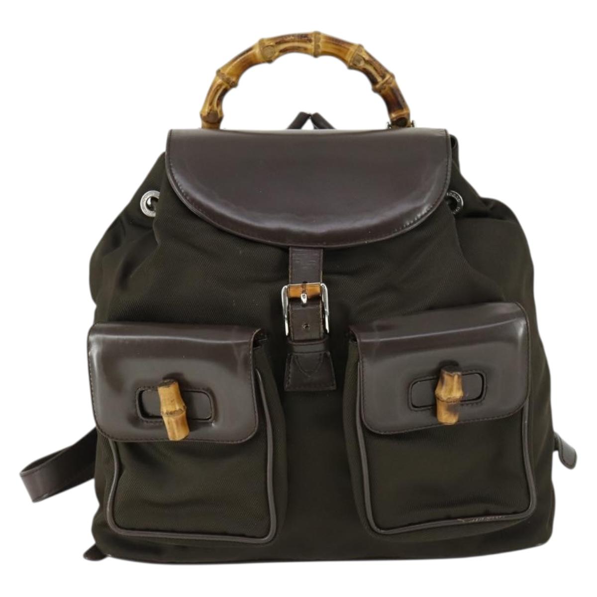 GUCCI Bamboo Backpack Nylon Dark Brown Silver 003 2058 0016 5 Auth ep12574