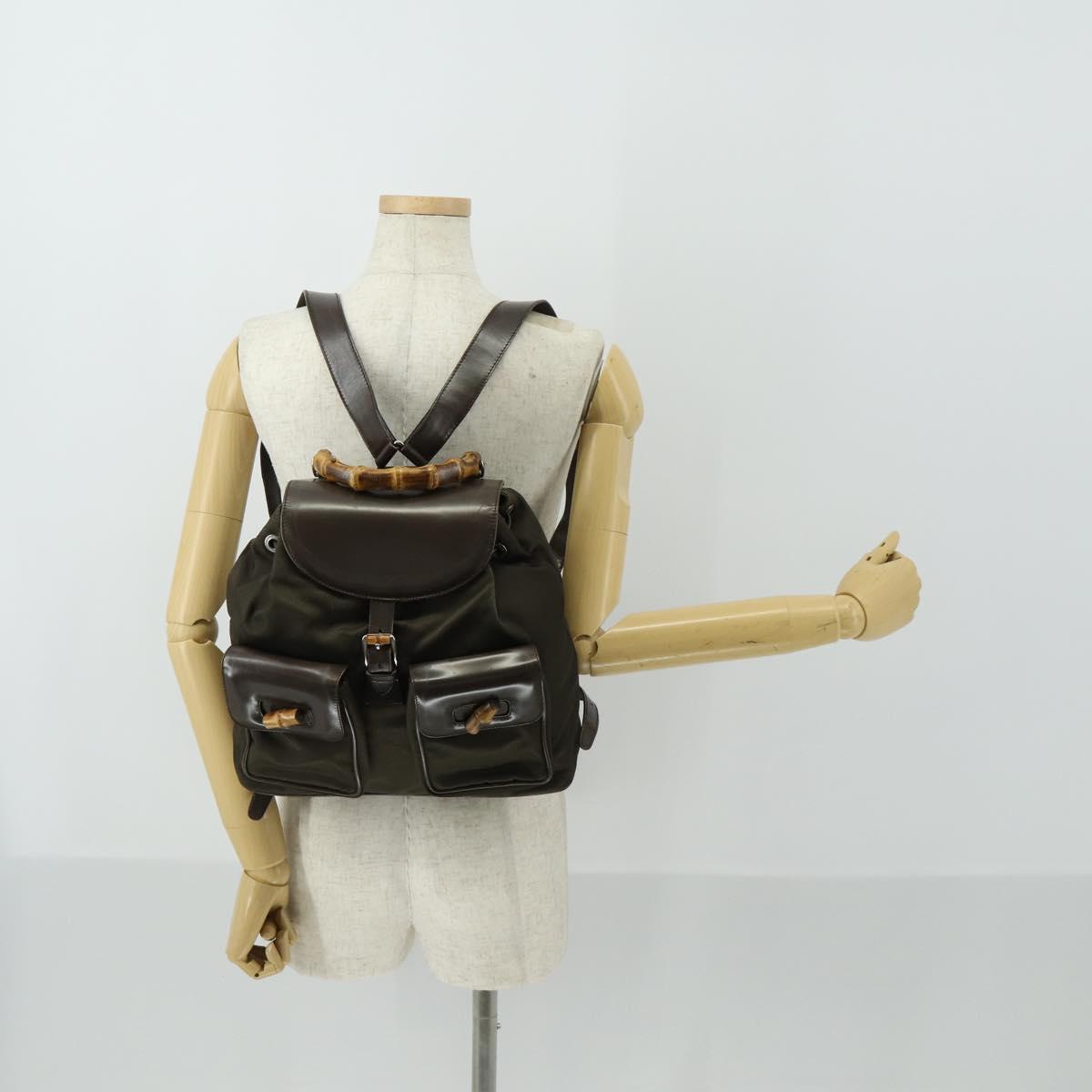 GUCCI Bamboo Backpack Nylon Dark Brown Silver 003 2058 0016 5 Auth ep12574