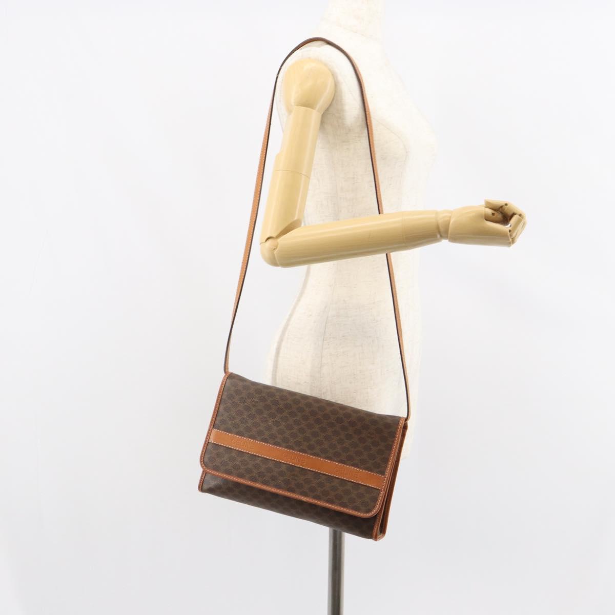 CELINE Macadam Canvas Shoulder Bag PVC Leather Brown Gold Auth ep12638