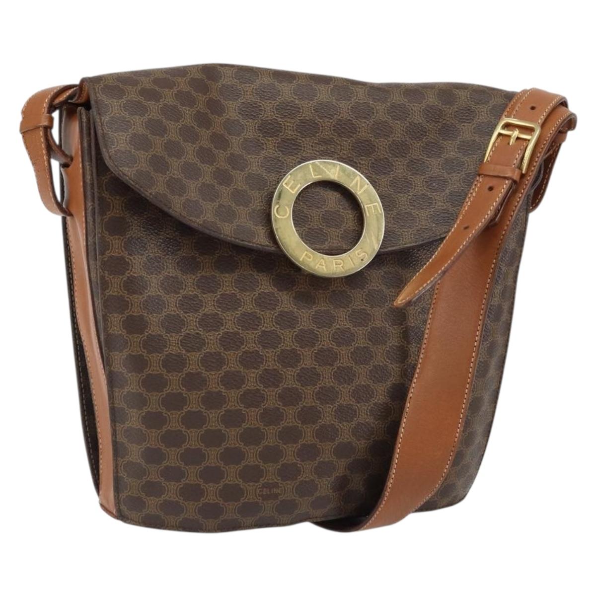 CELINE Macadam Canvas Shoulder Bag PVC Leather Brown Gold Auth ep12669