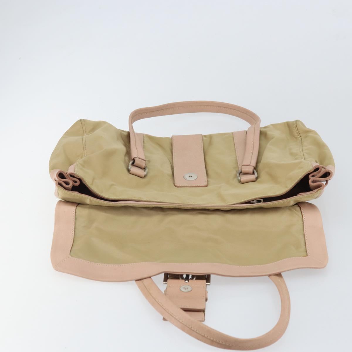 PRADA Tote Bag Nylon Leather Beige Silver Auth ep12684