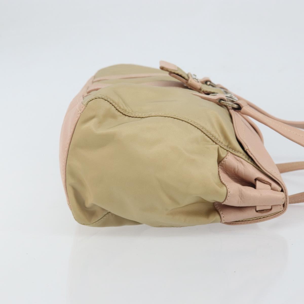 PRADA Tote Bag Nylon Leather Beige Silver Auth ep12684