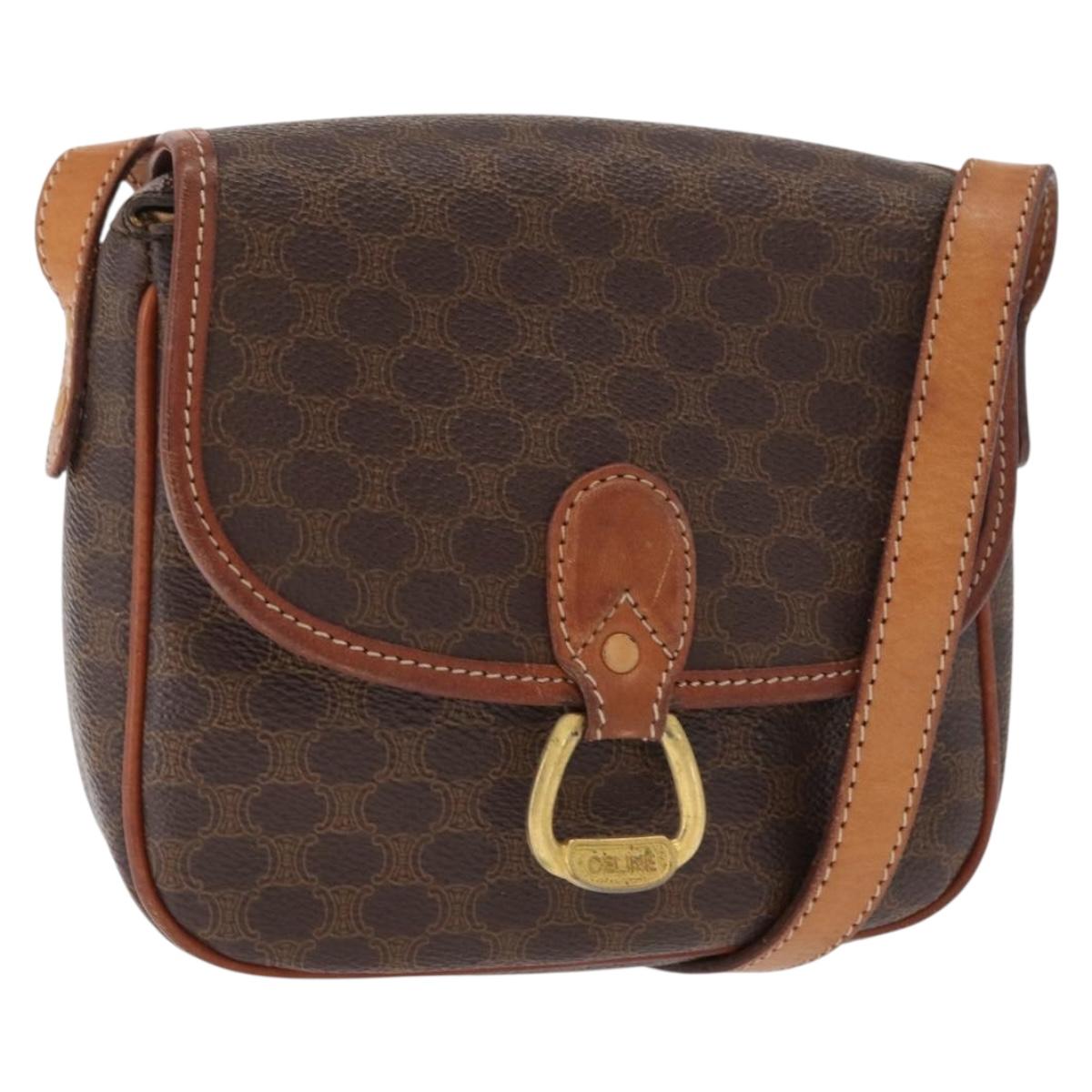 CELINE Macadam Canvas Shoulder Bag PVC Leather Brown Gold Auth ep12686
