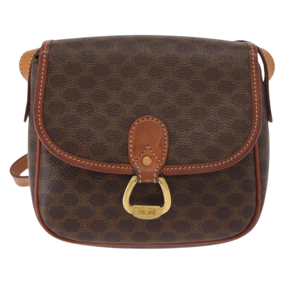 CELINE Macadam Canvas Shoulder Bag PVC Leather Brown Gold Auth ep12686