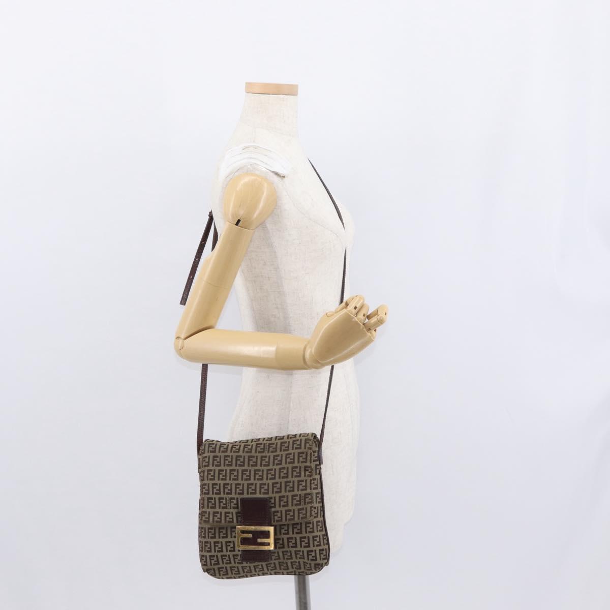 FENDI Zucchino Canvas Shoulder Bag Brown Gold Auth ep12713