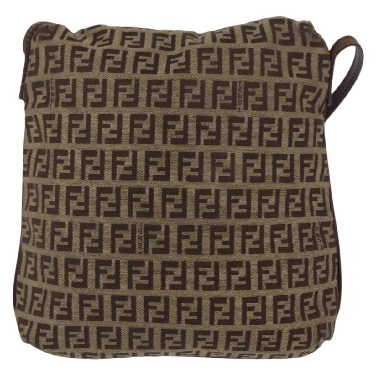 FENDI Zucchino Canvas Shoulder Bag Brown Gold Auth ep12713