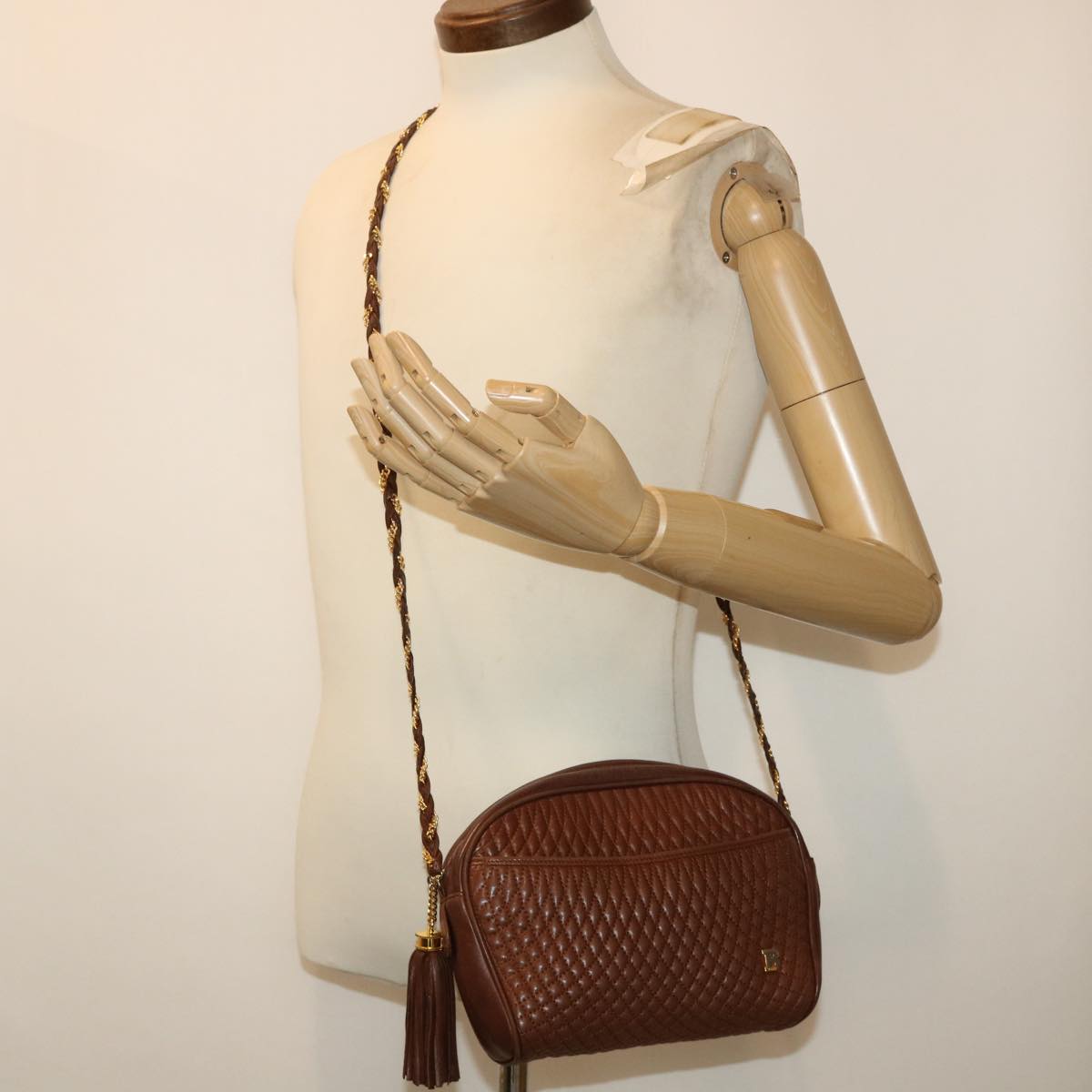 BALLY Quilted Chain Shoulder Bag Leather Brown Auth ep1276