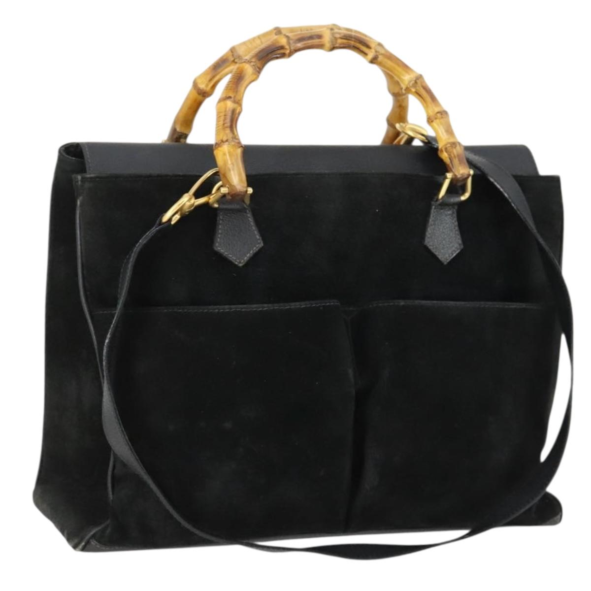 GUCCI Bamboo Hand Bag Suede 2way Black Gold 002 123 0322 Auth ep12772
