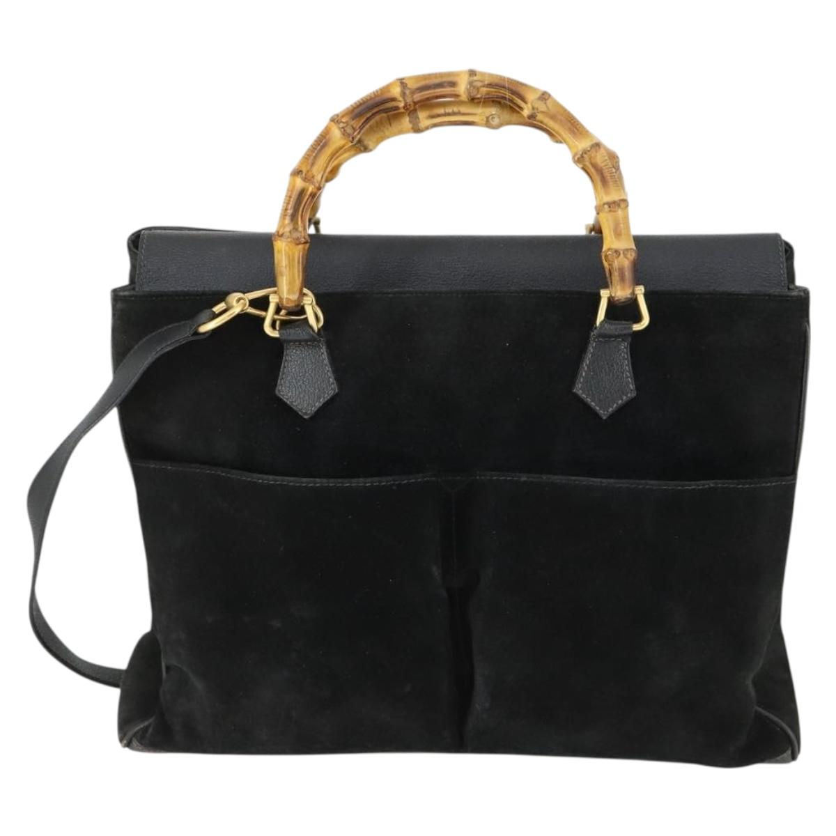 GUCCI Bamboo Hand Bag Suede 2way Black Gold 002 123 0322 Auth ep12772