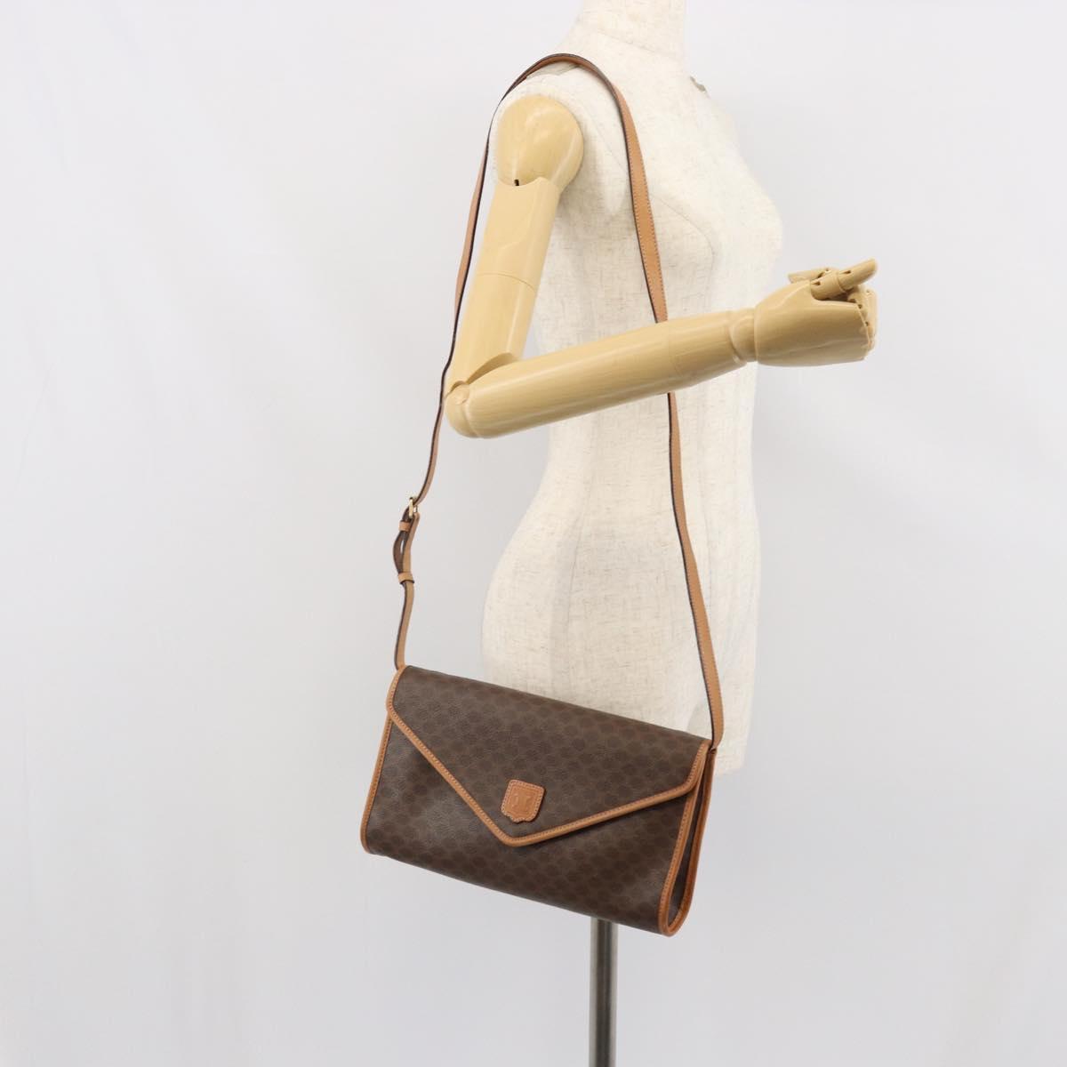 CELINE Macadam Canvas Shoulder Bag PVC Leather Brown Gold Auth ep12783