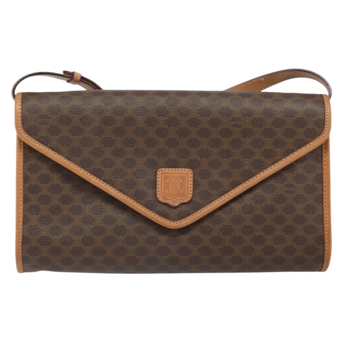 CELINE Macadam Canvas Shoulder Bag PVC Leather Brown Gold Auth ep12783