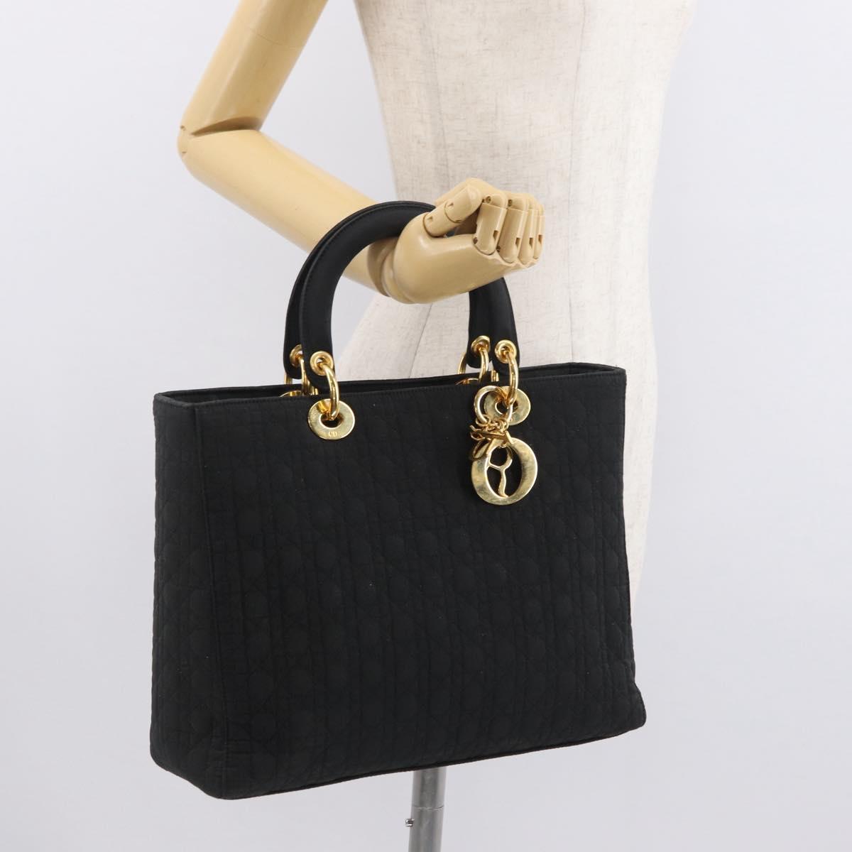 Christian Dior Lady Dior Canage Hand Bag Nylon Black Gold Auth ep12805