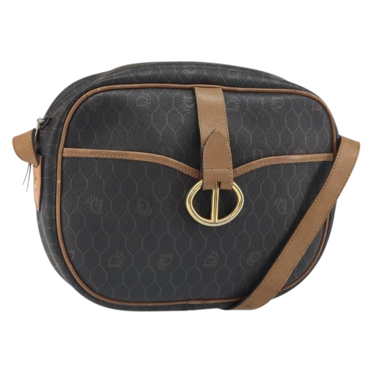 Christian Dior Honeycomb Canvas Shoulder Bag PVC Black Gold Auth ep12856