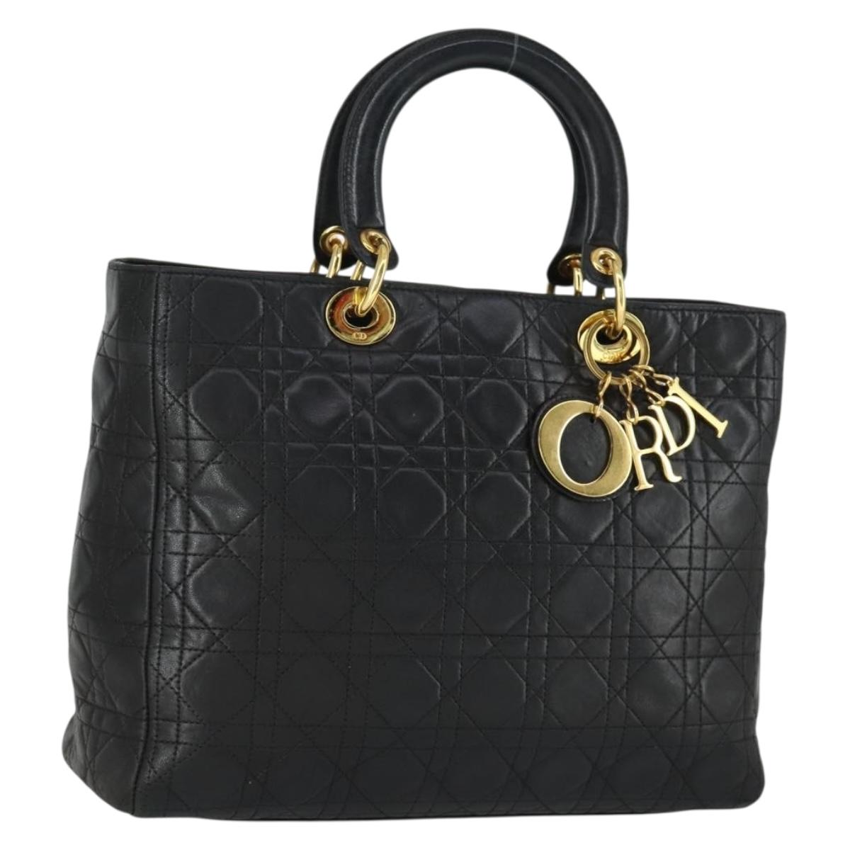Christian Dior Lady Dior Canage Hand Bag Leather Black Gold Auth ep12935