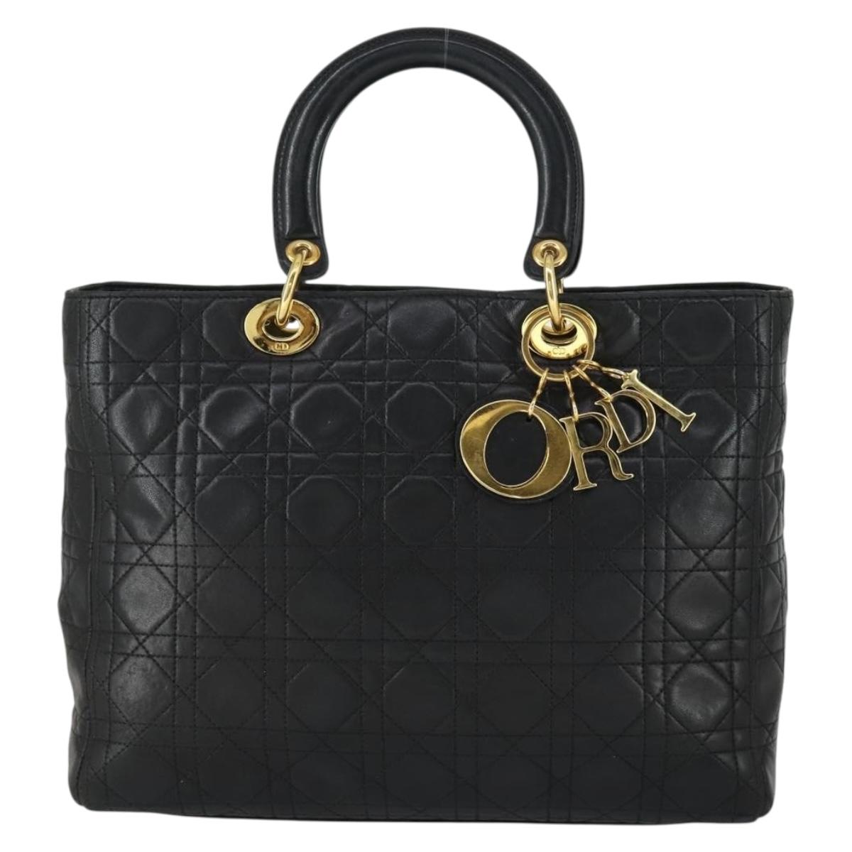 Christian Dior Lady Dior Canage Hand Bag Leather Black Gold Auth ep12935