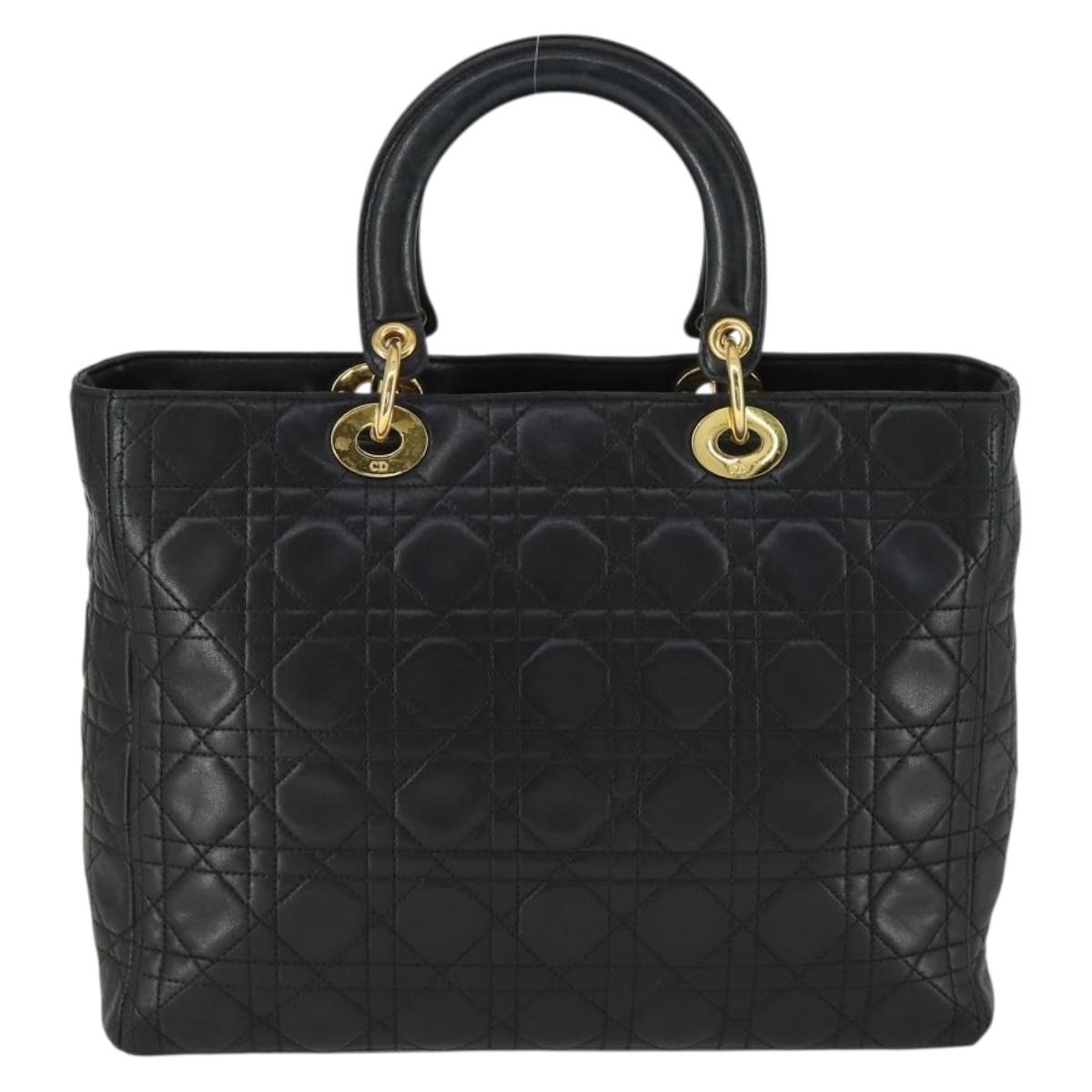 Christian Dior Lady Dior Canage Hand Bag Leather Black Gold Auth ep12935