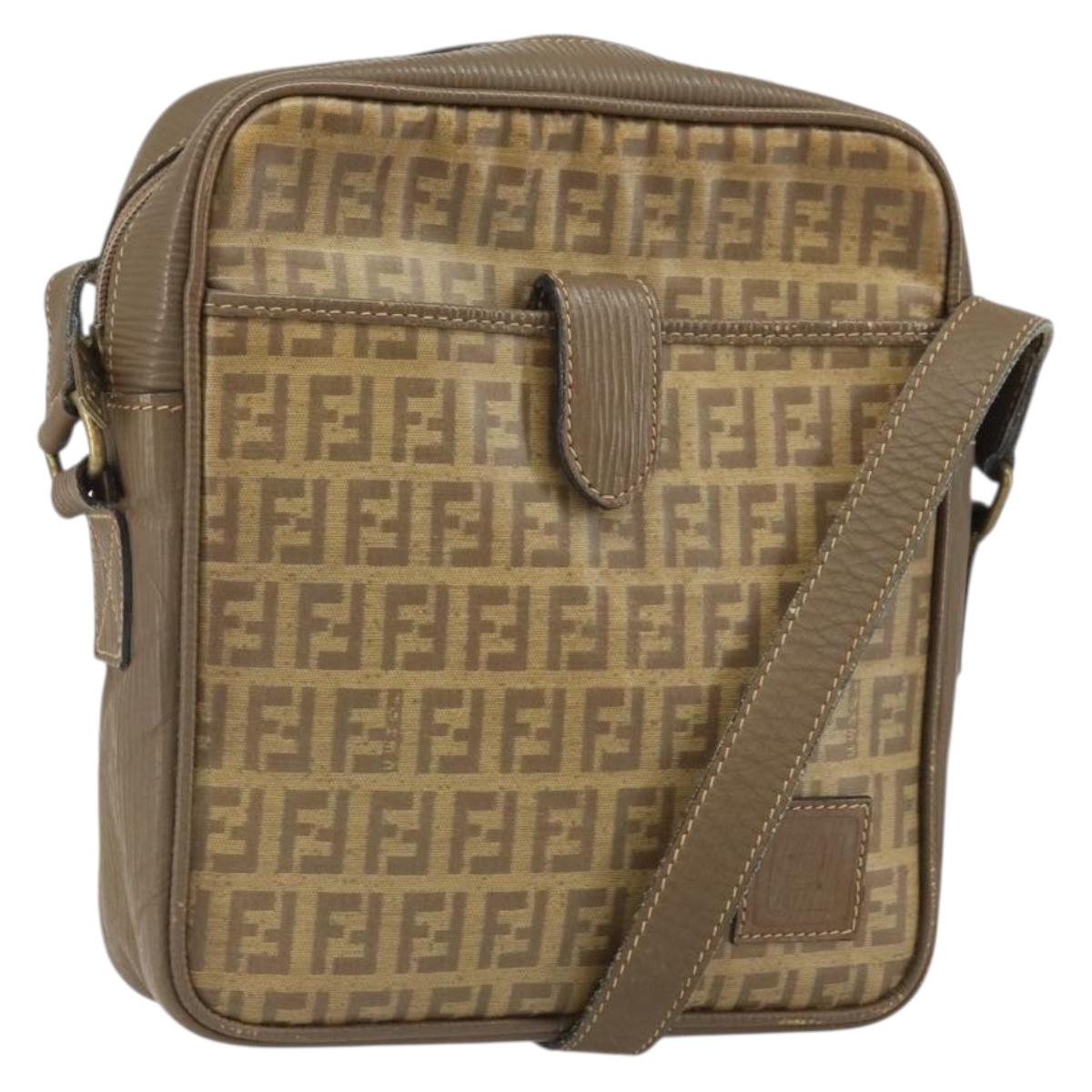 FENDI Zucchino Canvas Shoulder Bag Coated Canvas Brown Auth ep12984