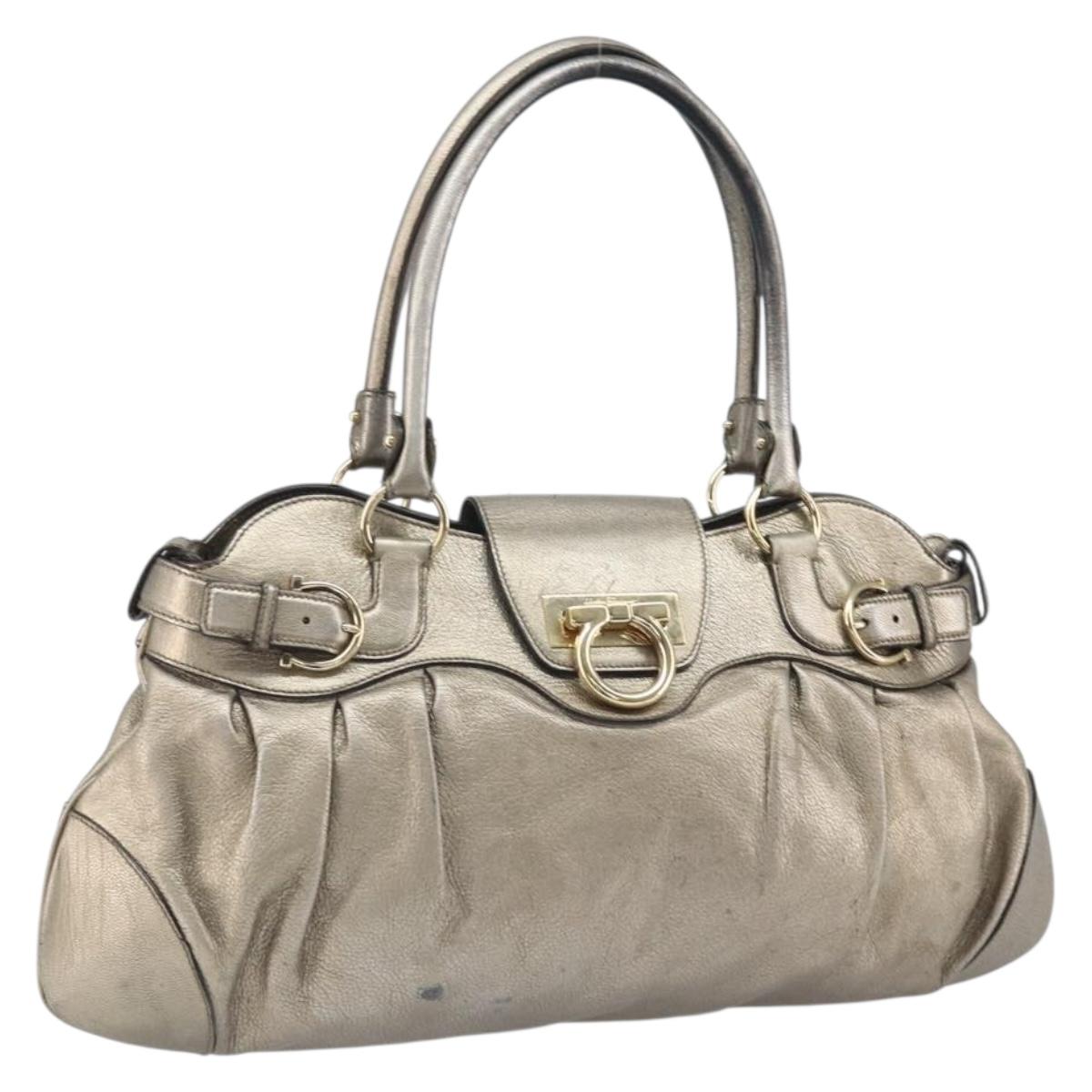 Salvatore Ferragamo Gancini Hand Bag Leather Gold Auth ep12989