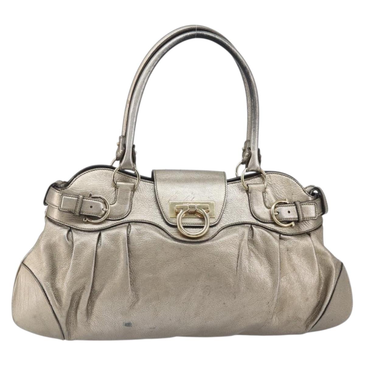 Salvatore Ferragamo Gancini Hand Bag Leather Gold Auth ep12989