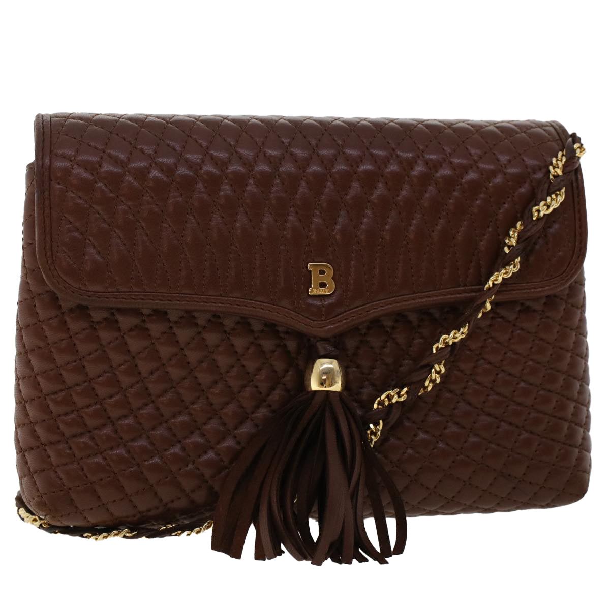 BALLY Quilted Shoulder Bag Leather Brown Auth ep1299