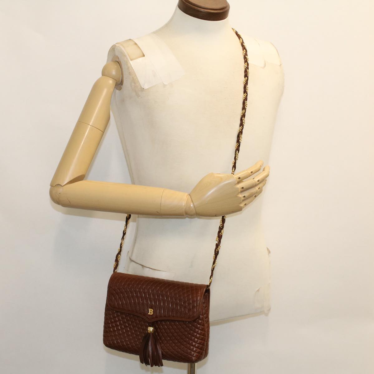 BALLY Quilted Shoulder Bag Leather Brown Auth ep1299