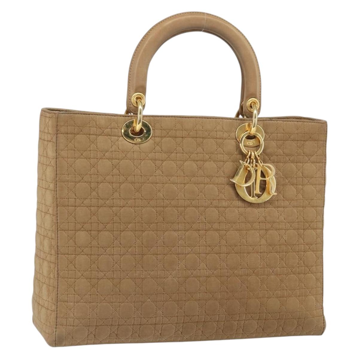 Christian Dior Lady Dior Hand Bag Nylon Beige Gold Auth ep13008