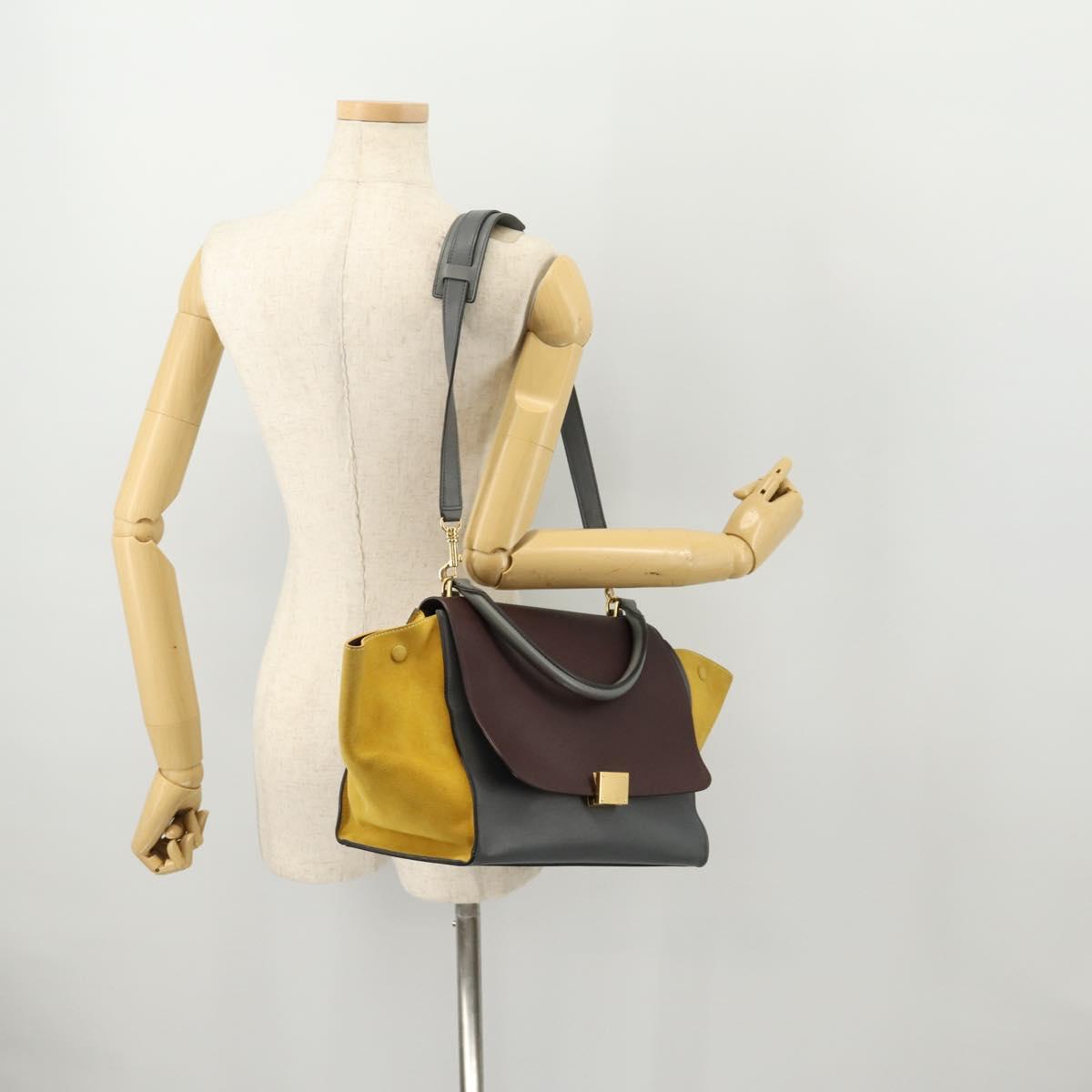 CELINE Trapeze Hand Bag Suede Leather 2way Gray Gold Auth ep13043