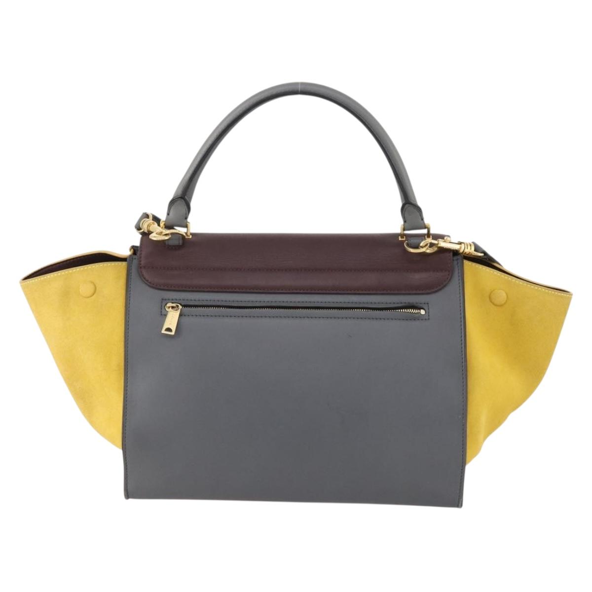 CELINE Trapeze Hand Bag Suede Leather 2way Gray Gold Auth ep13043