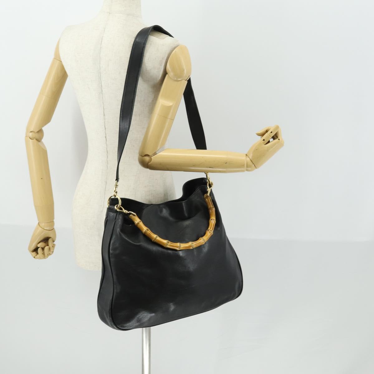 GUCCI Bamboo Shoulder Bag Leather 2way Black Gold Auth ep13051
