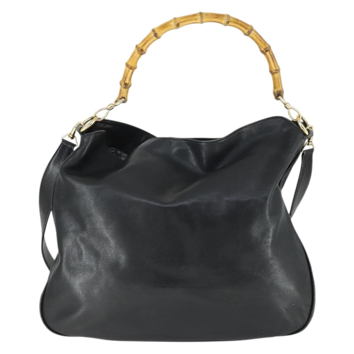 GUCCI Bamboo Shoulder Bag Leather 2way Black Gold Auth ep13051