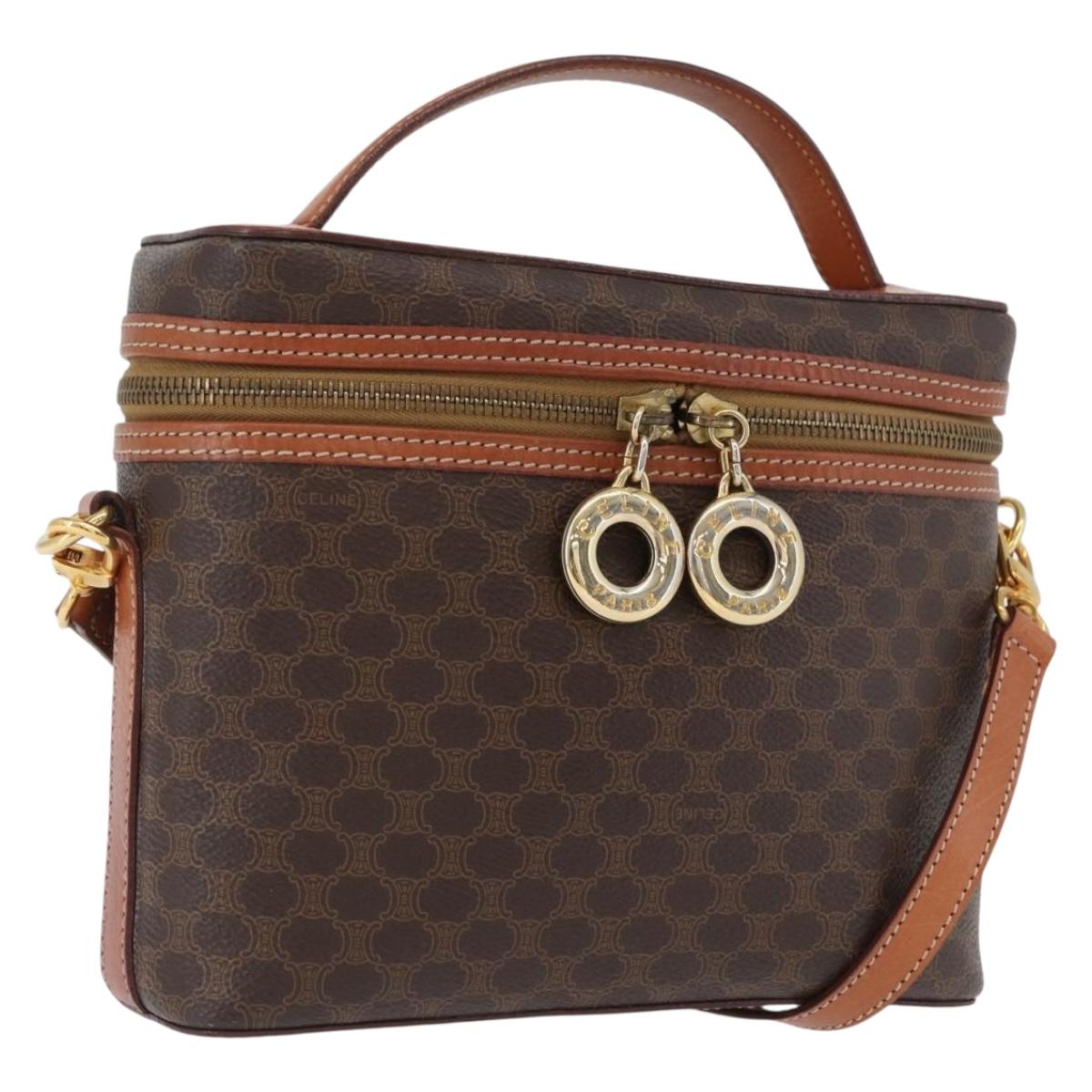CELINE Macadam Canvas Circle Vanity Bag PVC Leather 2way Brown Gold Auth ep13087