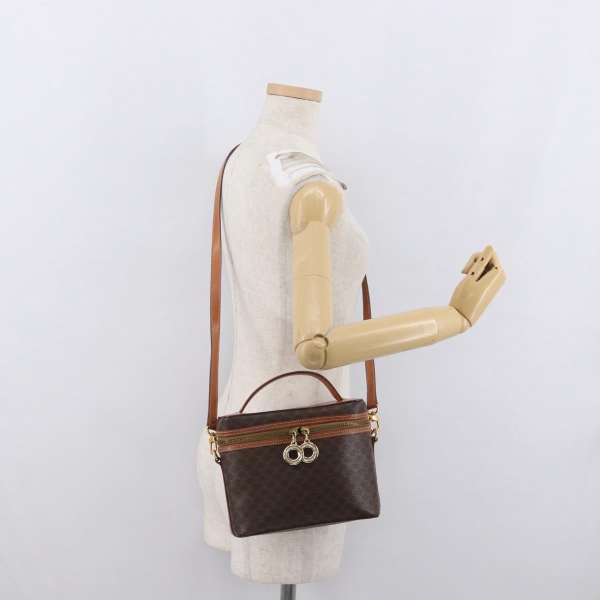 CELINE Macadam Canvas Circle Vanity Bag PVC Leather 2way Brown Gold Auth ep13087