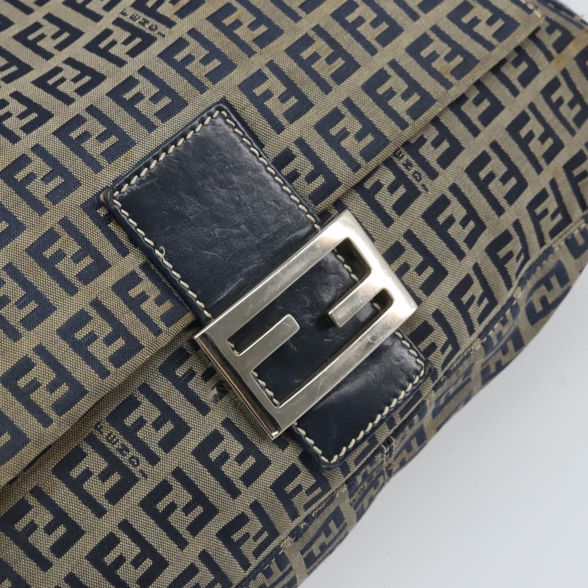 FENDI Zucchino Canvas Mamma Baguette Shoulder Bag Navy Silver Auth ep13096
