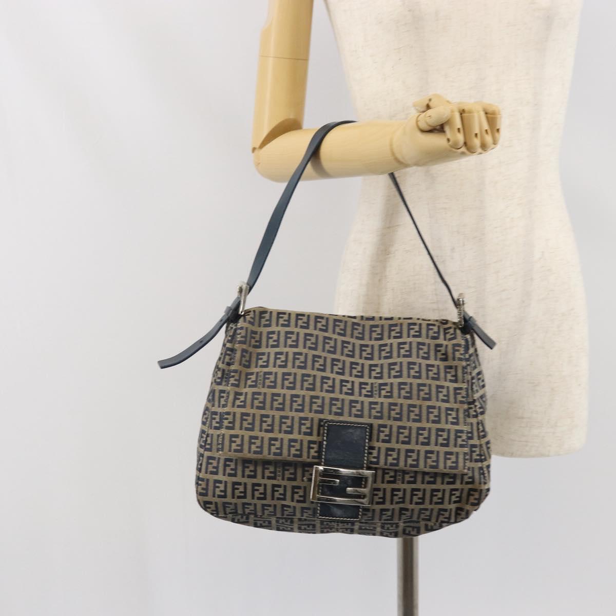 FENDI Zucchino Canvas Mamma Baguette Shoulder Bag Navy Silver Auth ep13096