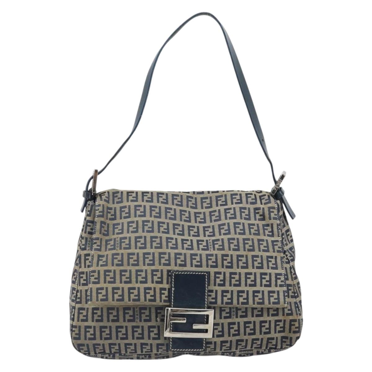 FENDI Zucchino Canvas Mamma Baguette Shoulder Bag Navy Silver Auth ep13096
