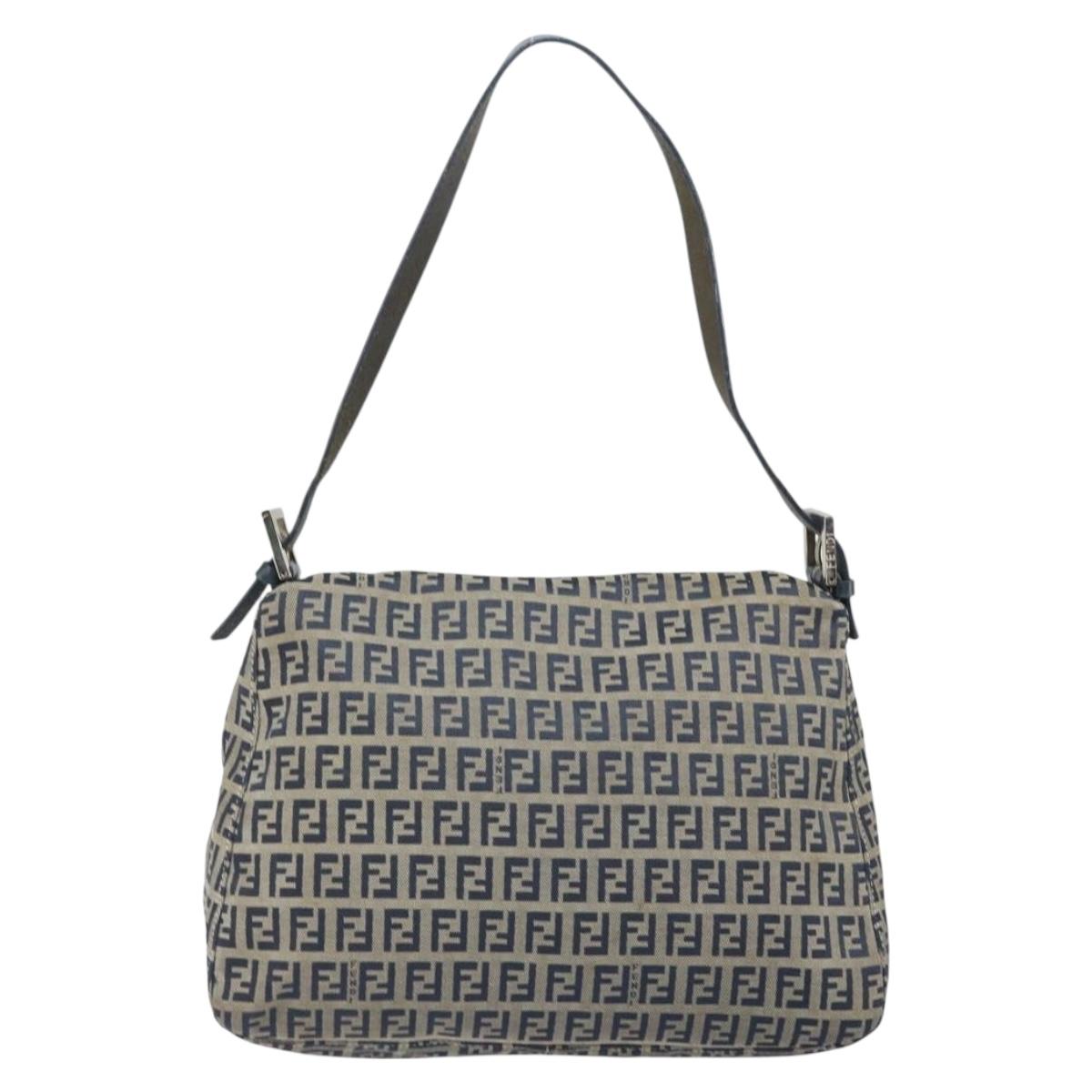 FENDI Zucchino Canvas Mamma Baguette Shoulder Bag Navy Silver Auth ep13096