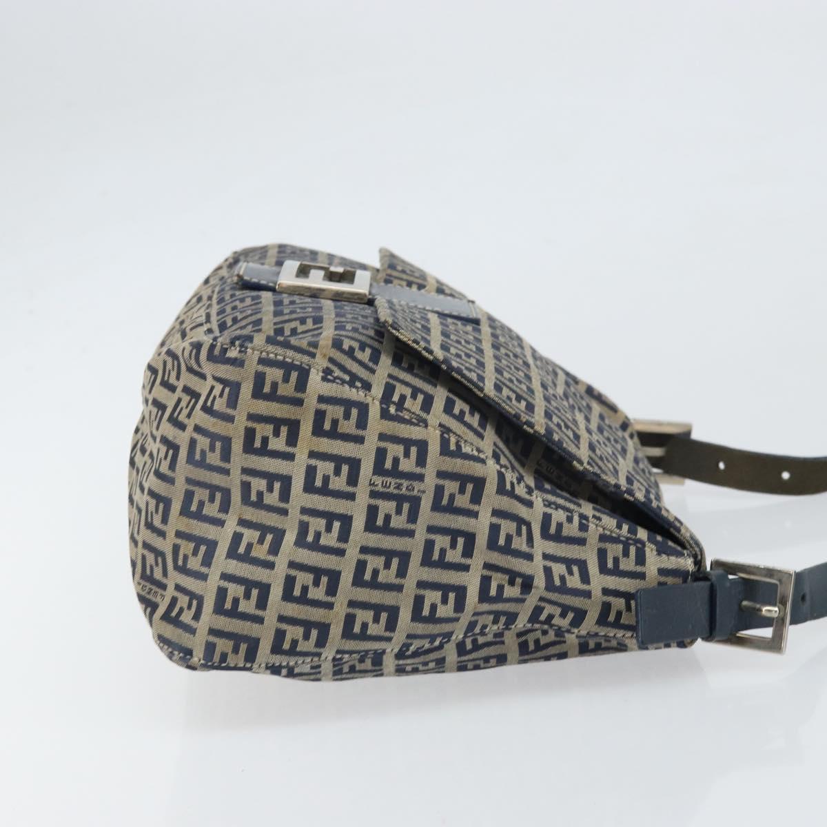 FENDI Zucchino Canvas Mamma Baguette Shoulder Bag Navy Silver Auth ep13096