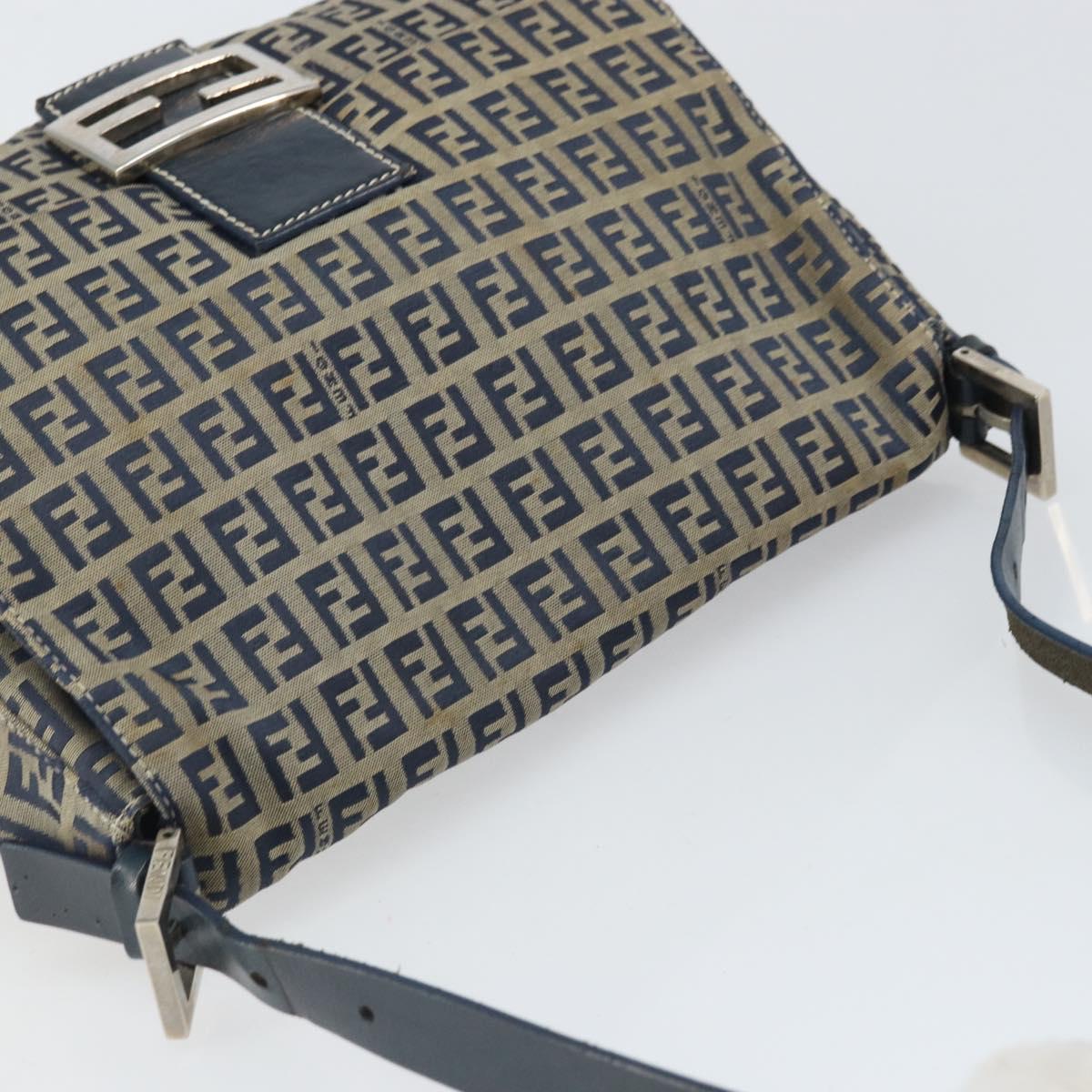 FENDI Zucchino Canvas Mamma Baguette Shoulder Bag Navy Silver Auth ep13096