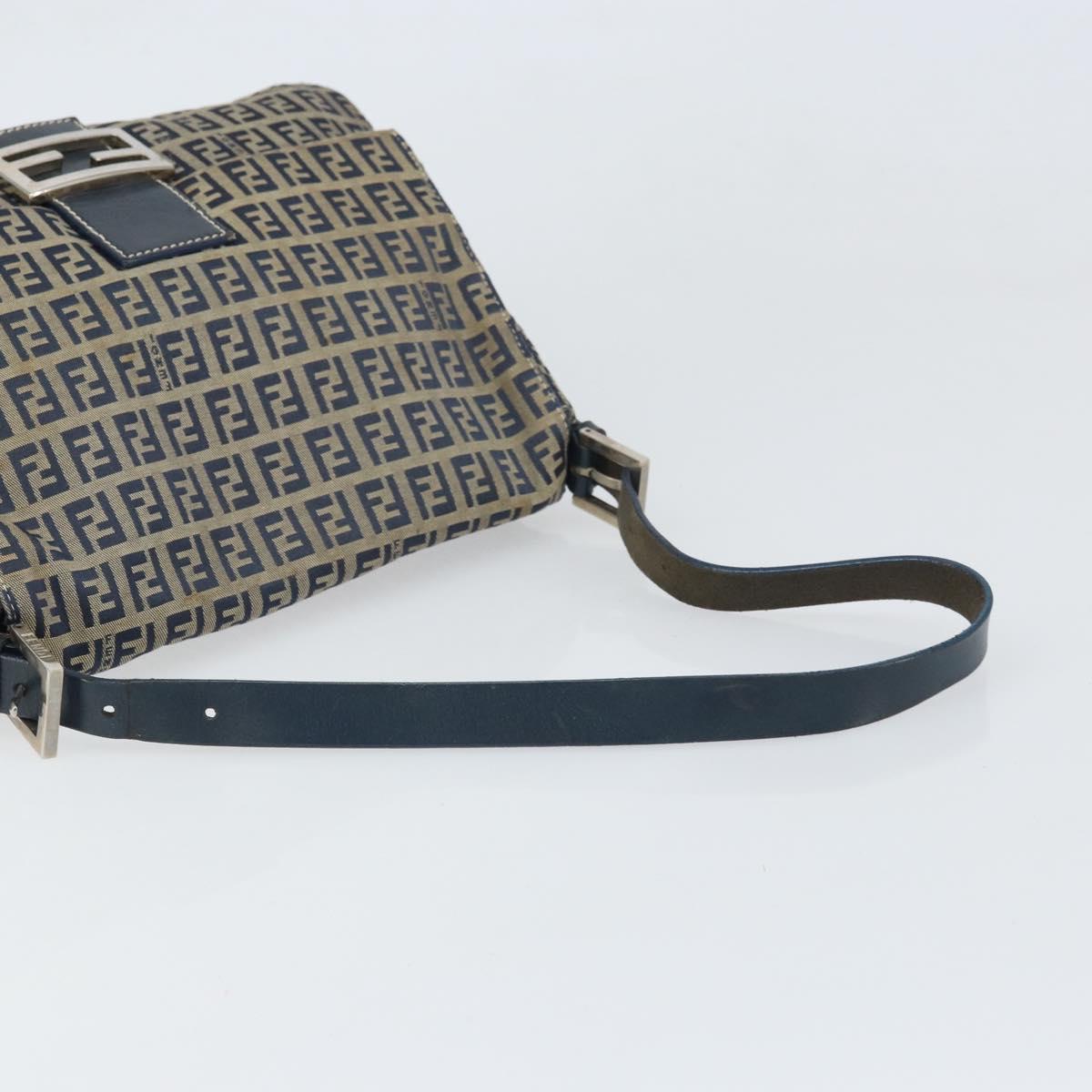 FENDI Zucchino Canvas Mamma Baguette Shoulder Bag Navy Silver Auth ep13096