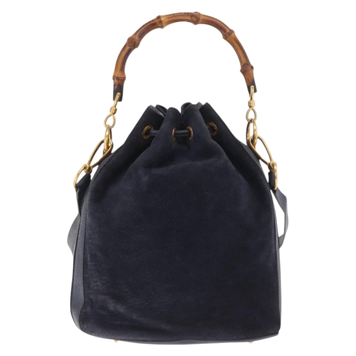GUCCI Bamboo Hand Bag Leather 2way Navy Gold 001 2040 1657 Auth ep13138