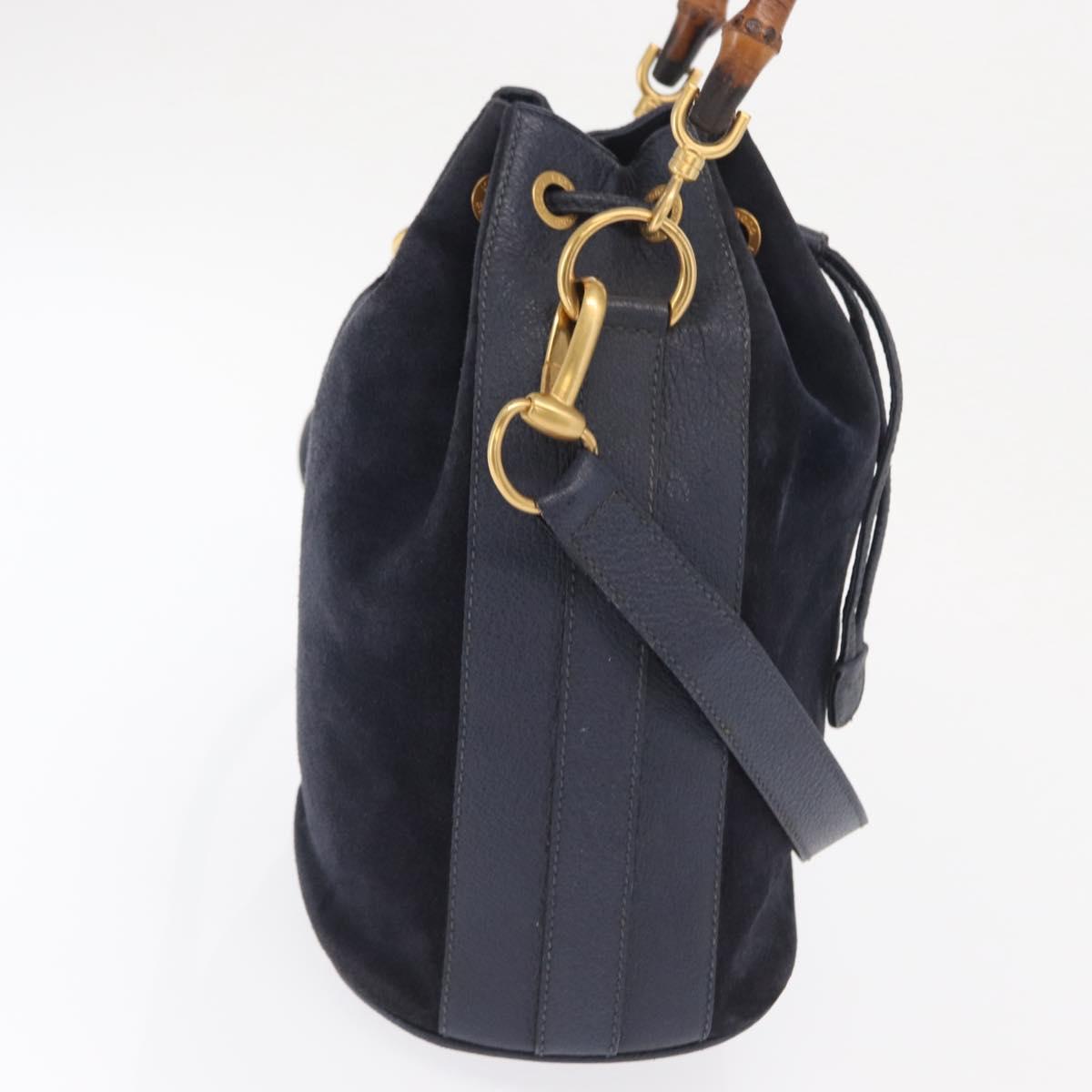 GUCCI Bamboo Hand Bag Leather 2way Navy Gold 001 2040 1657 Auth ep13138