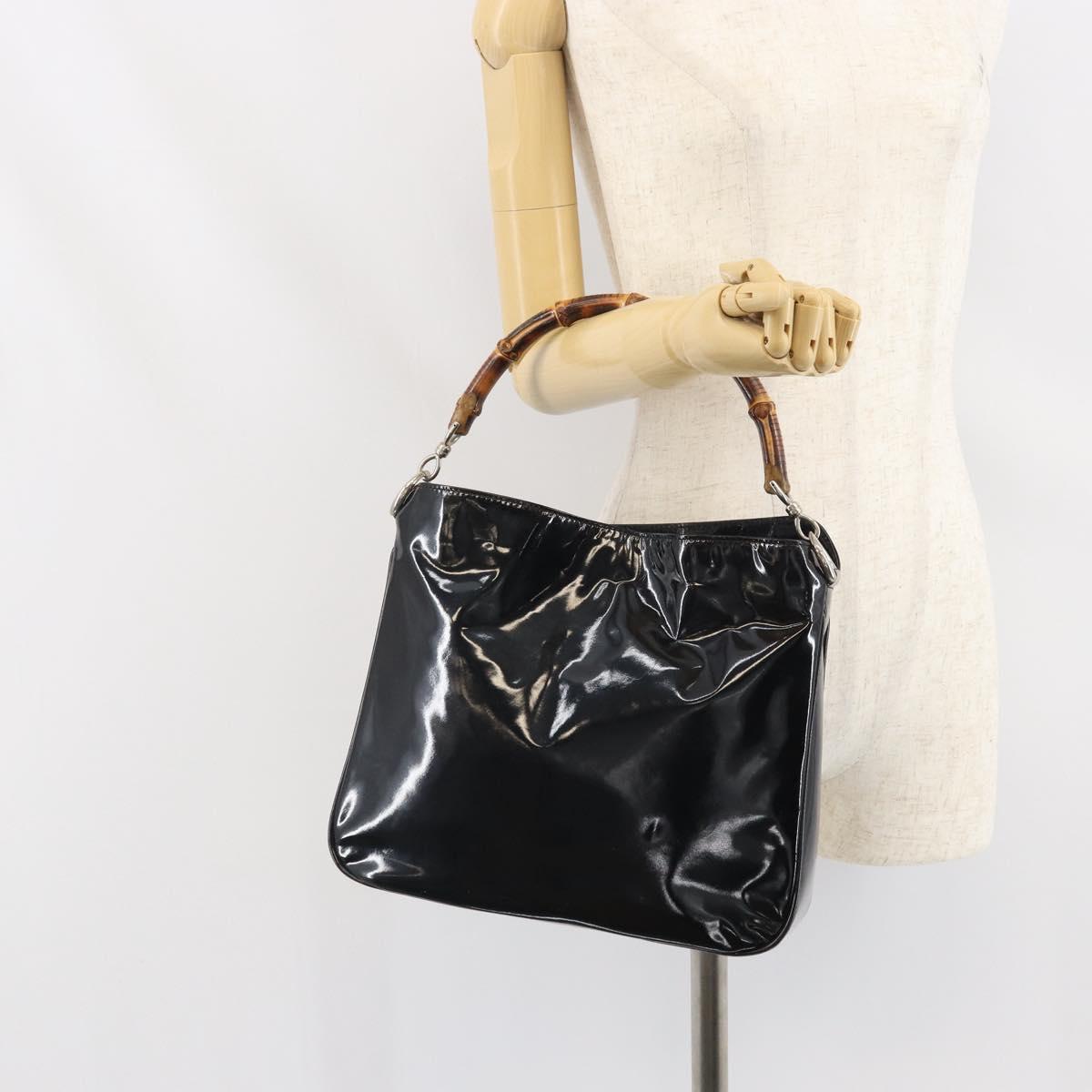 GUCCI Bamboo Hand Bag Patent leather Black Silver 001 2113 Auth ep13142