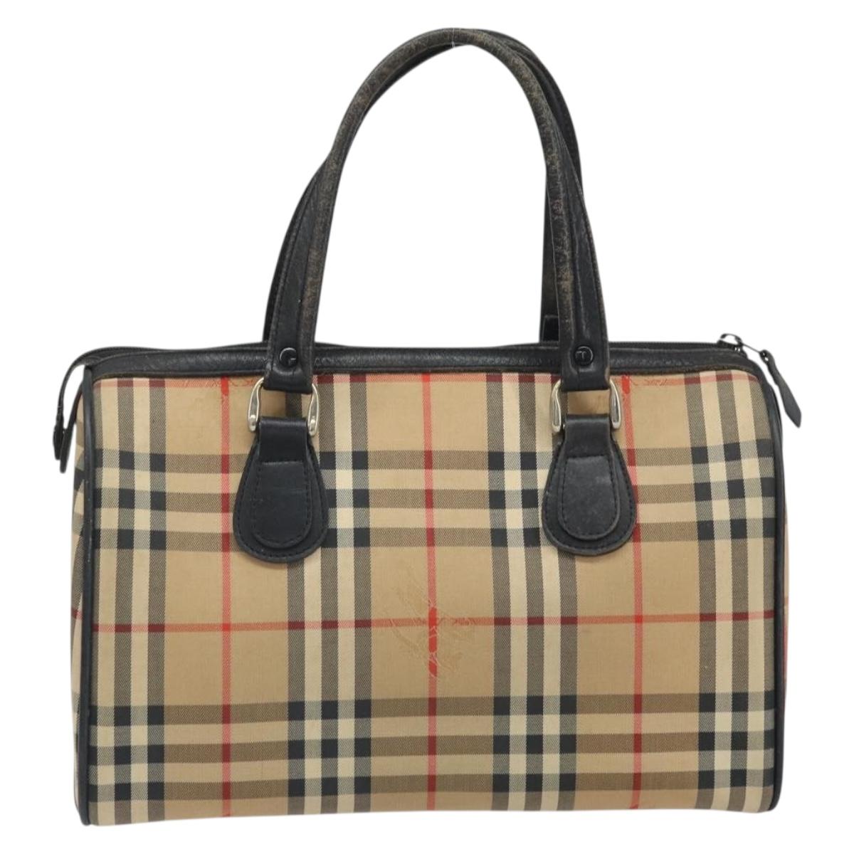 Burberrys Nova Check Hand Bag Canvas Beige Gold Auth ep13191
