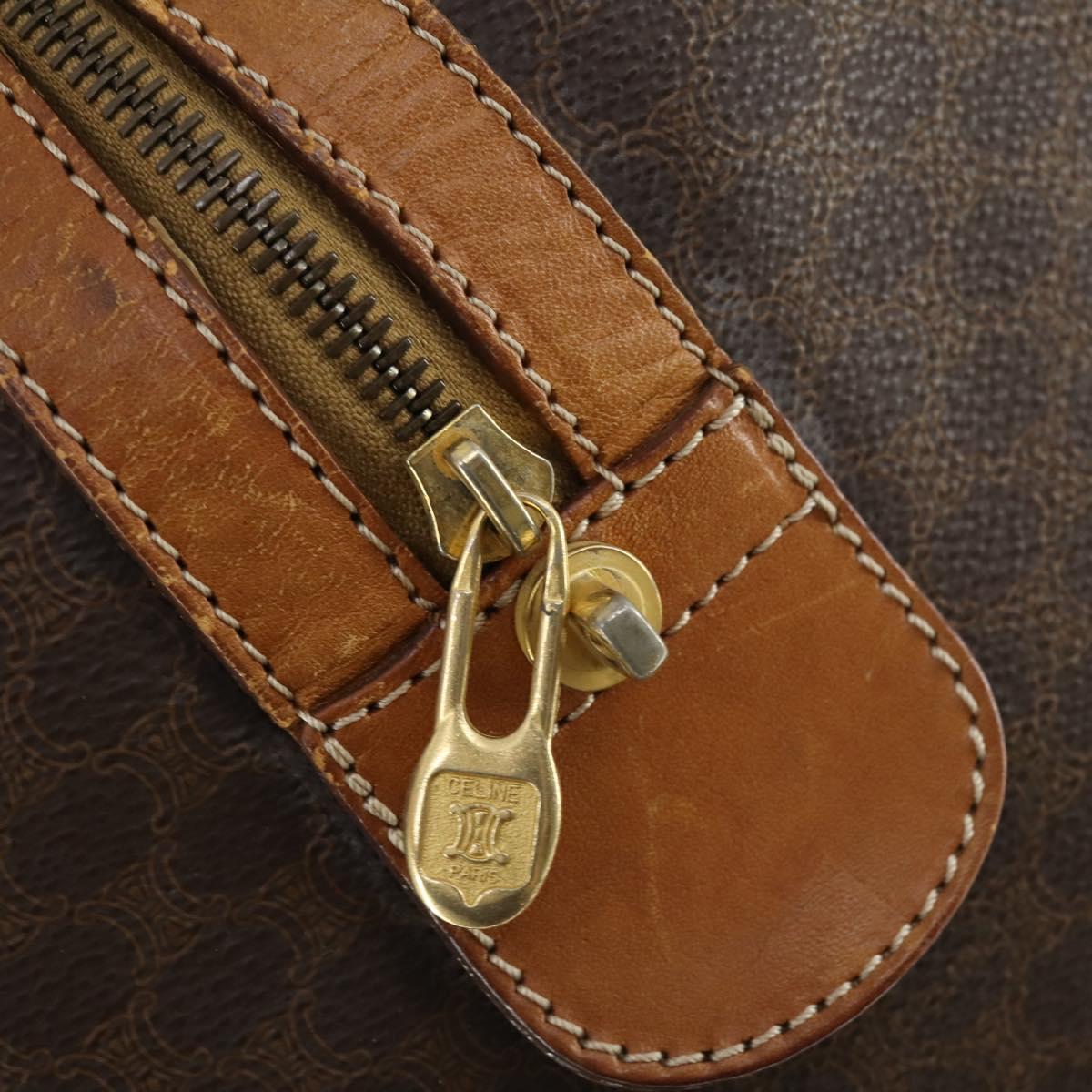 CELINE Macadam Canvas Boston Bag PVC Leather Brown Gold Auth ep13212