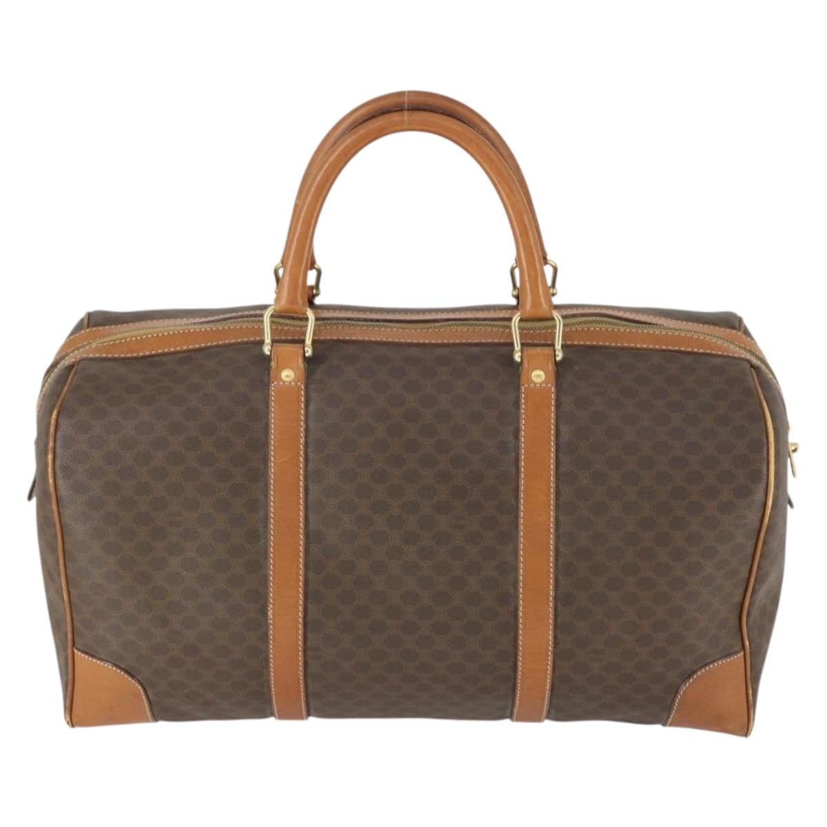 CELINE Macadam Canvas Boston Bag PVC Leather Brown Gold Auth ep13212