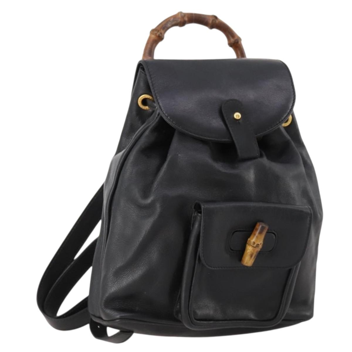 GUCCI Bamboo Backpack Leather Black Gold 003 1705 0030 Auth ep13234