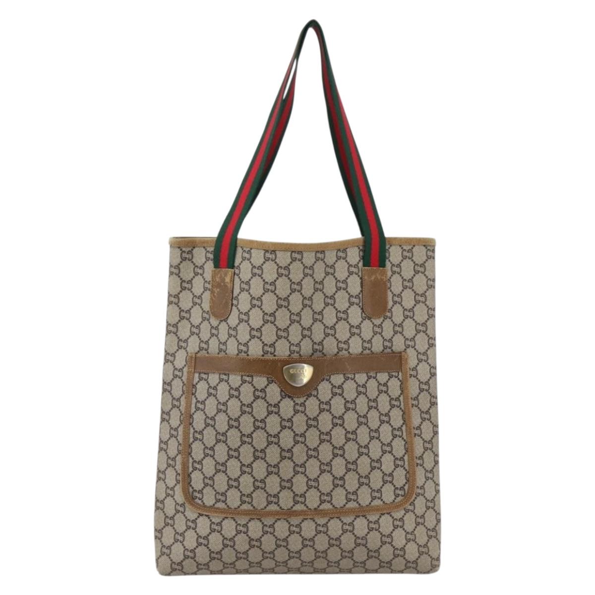 GUCCI GG Plus Supreme Web Sherry Line Tote Bag PVC Beige Gold Auth ep13260