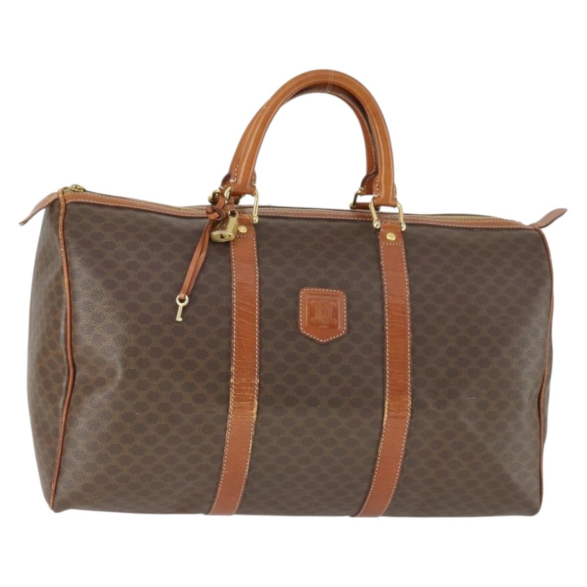 CELINE Macadam Canvas Boston Bag PVC Leather Brown Gold Auth ep13278