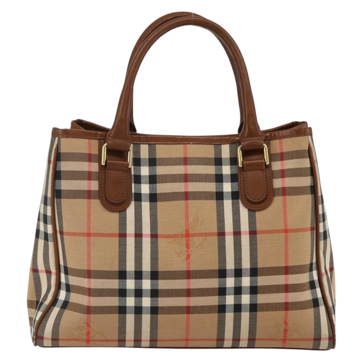 Burberrys Nova Check Hand Bag Canvas Beige Gold Auth ep13387