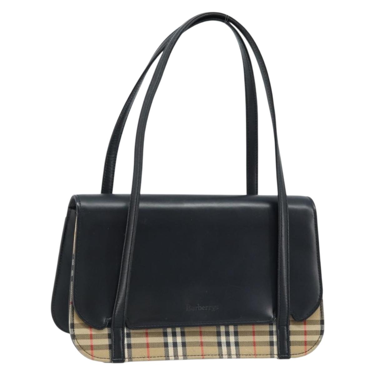Burberrys Nova Check Hand Bag Leather Black Silver Auth ep13393